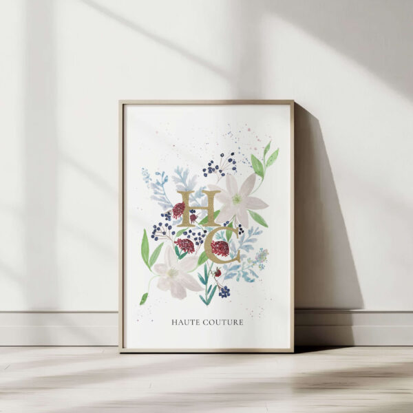 Watercolor floral monogram HC printable wall art with dusty miller and clematis in frame