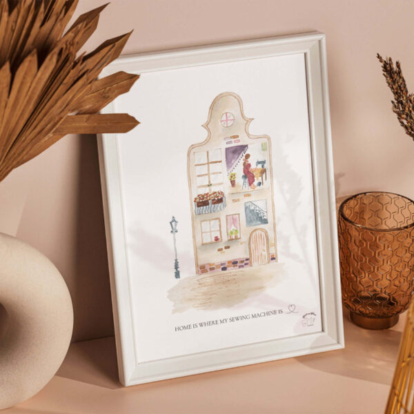 Cozy sewing scene watercolor wall art with girl sewing at a machine seen through window