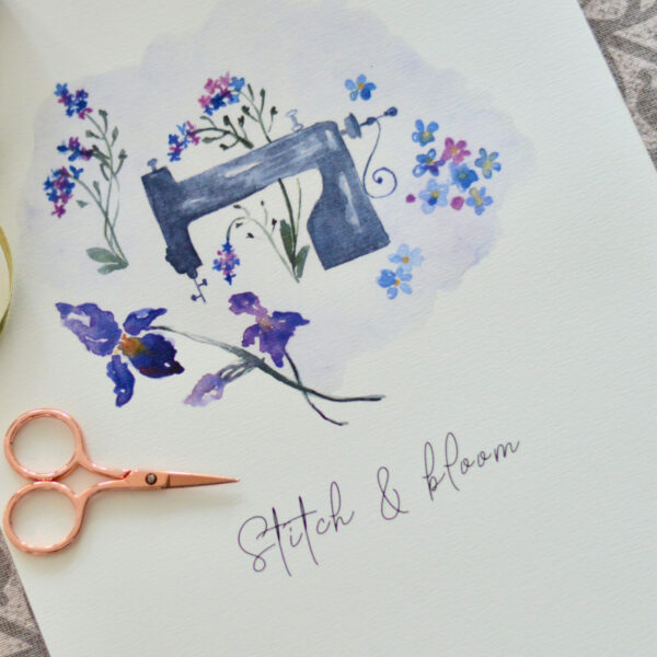 Vintage sewing machine watercolor poster with iris and forget-me-nots floral design