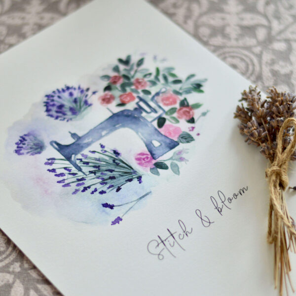 Vintage sewing machine watercolor poster with roses and lavender floral design