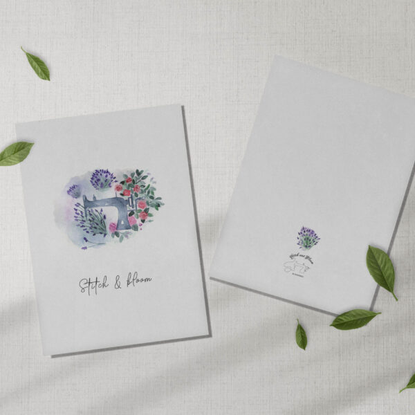 Cozy sewing watercolor greeting card printable illustration with roses.