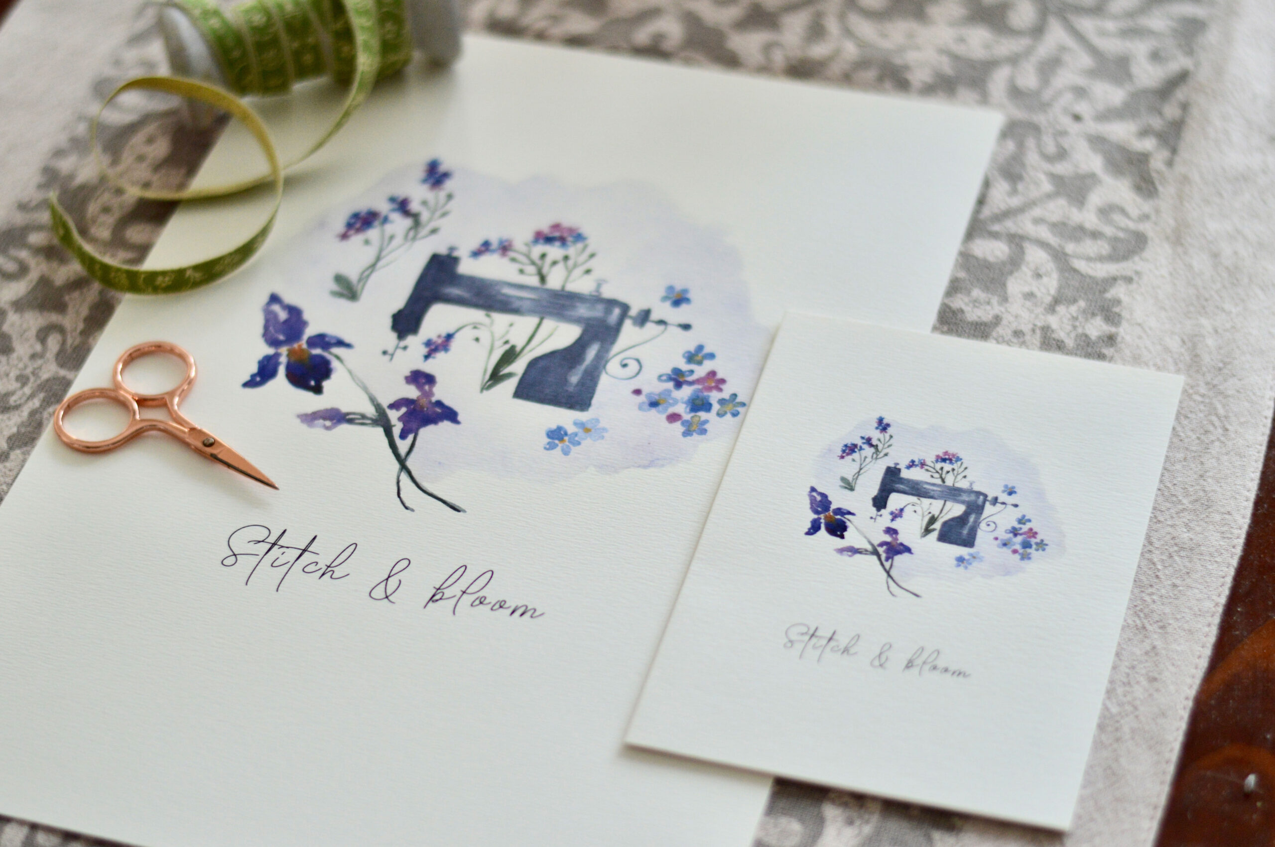 Vintage Sewing Machine Watercolor Greeting Card Printable – Iris & Forget-Me-Nots - Image 2
