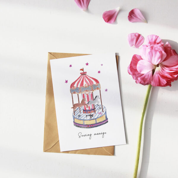 Sewing carousel watercolor greeting card in soft vintage illustration style.