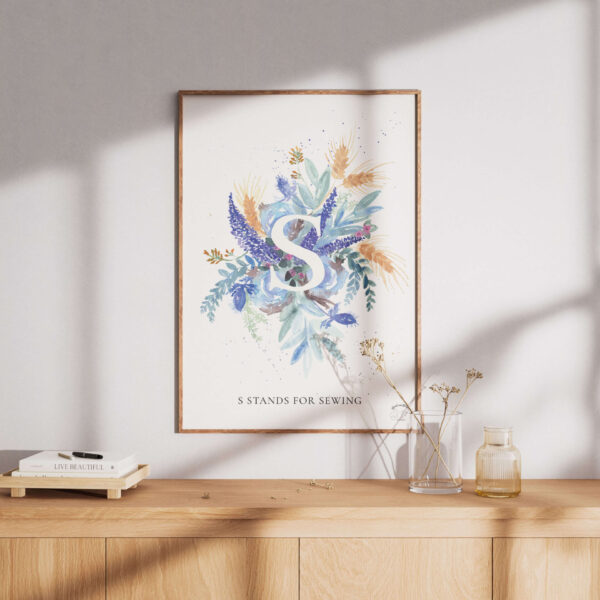 Framed Watercolor floral monogram S printable wall art with wheat lavender and cotton flower
