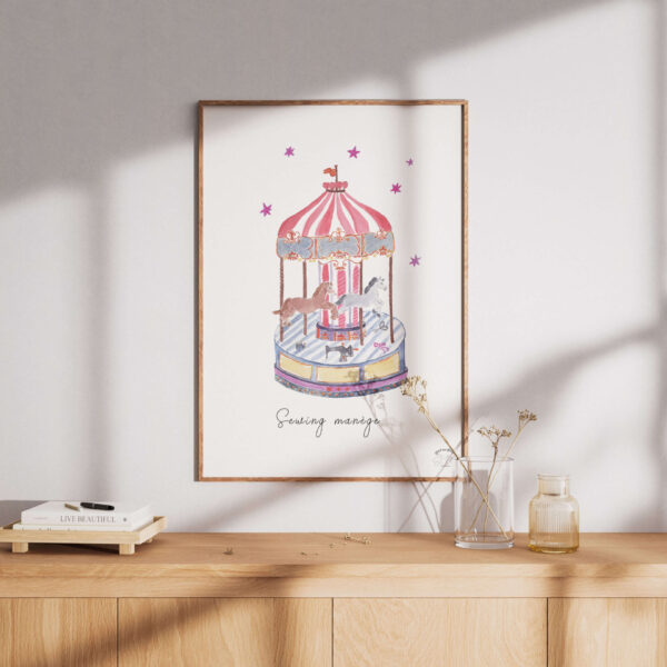 Framed sewing carousel watercolor poster in soft vintage illustration style.