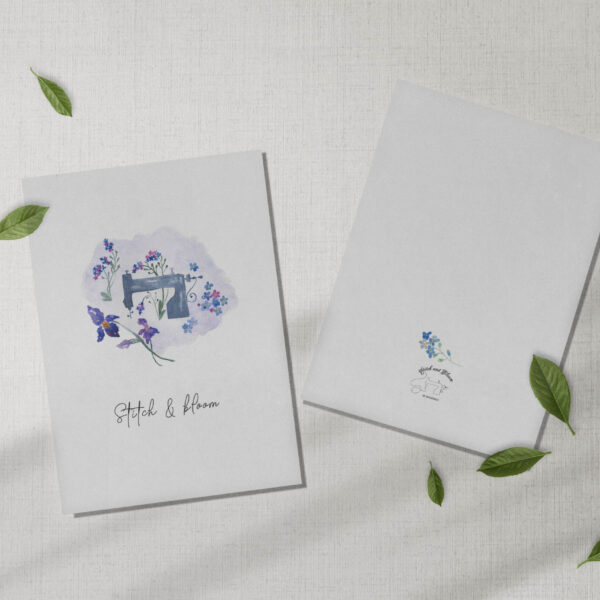 Cozy sewing watercolor greeting card printable illustration with iris.