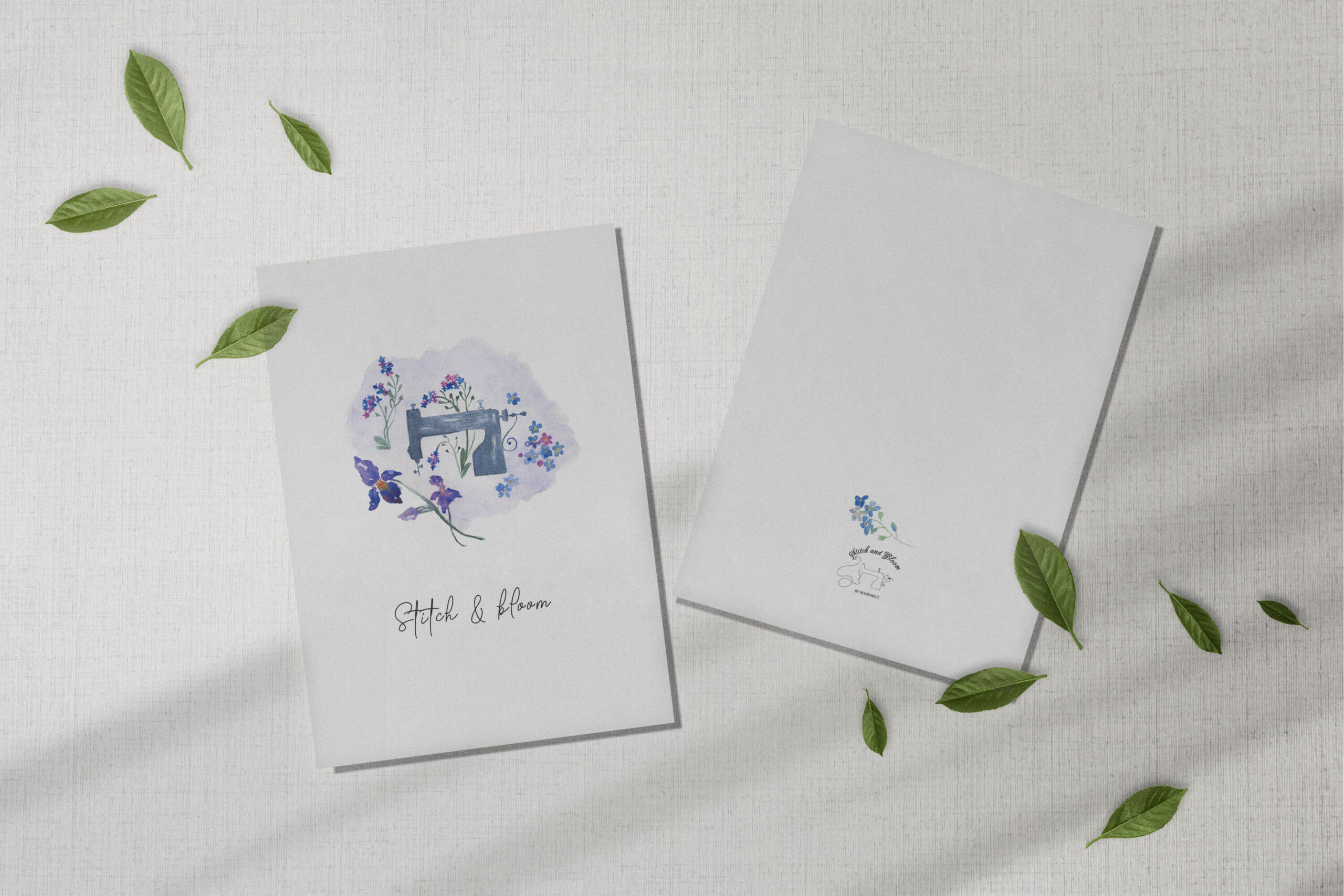 Cozy sewing watercolor greeting card printable illustration with iris.