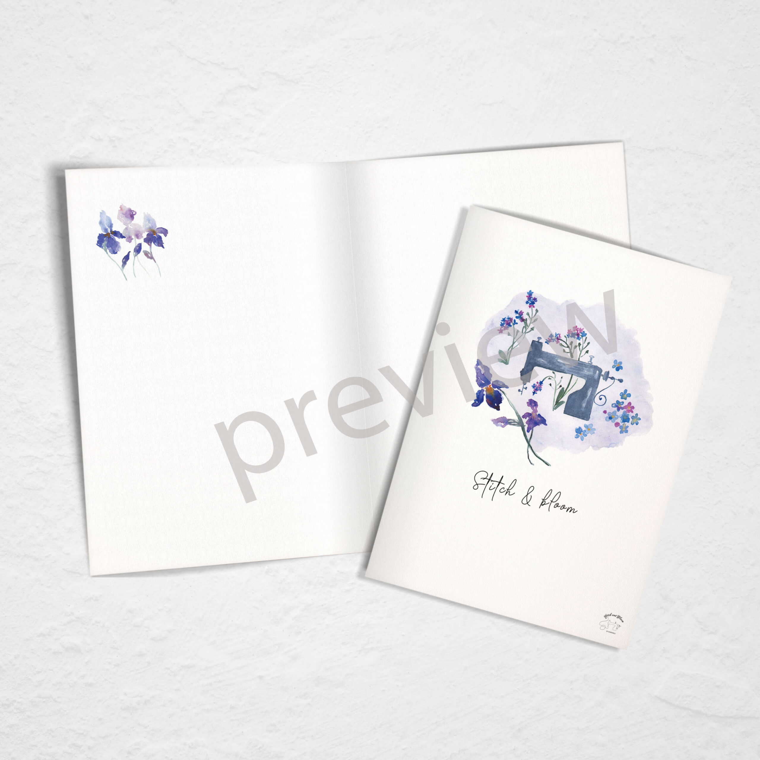 Vintage Sewing Machine Watercolor Greeting Card Printable – Iris & Forget-Me-Nots - Image 3